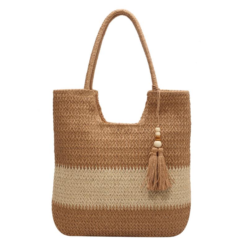 Woven Straw Tote Bag for Women Summer Beach Handbag with Tassel Decor Fashion Casual Carryall коричневый 1490₽