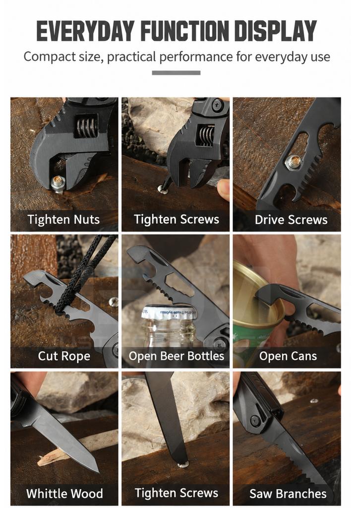 12 in 1 Multitool Adjustable Wrench Folding Pocket Tool with Knife Saw Screwdriver Bottle Opener for Camping DIY Outdoor Repair