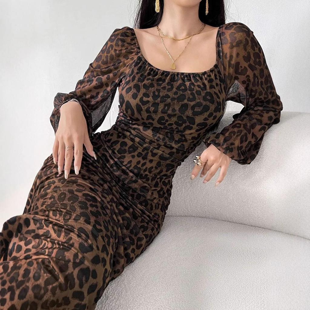 Spring European and American TK new leopard print mesh cloth printed square neck long sleeve ruffle edge dress hot search