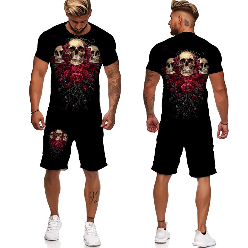 Skull Floral 3D Print Suit for Men Tshirts/Shorts 2pcs Vintage Outfits Sets Gothic Trendy Streetwear Tracksuit Clothing for Male