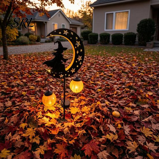 Decorative Solar Stakes for Lawn Halloween Witch Pumpkin Moon Garden Stake Light, Waterproof on Crescent Powered with Lantern, Outdoor LED Yard