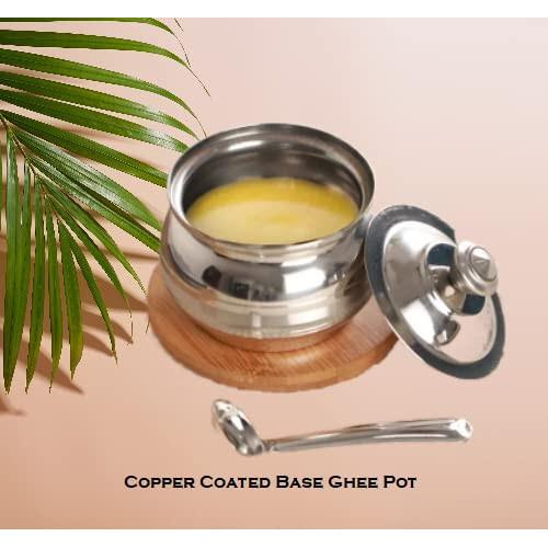 Ghee-Topf aus kupferbeschichtetem Stahl mit Löffel | Ghee-Glas aus kupferbeschichtetem Stahl für Ghee-Set (100 ML Packung von 1)