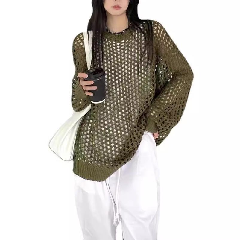 

Вязаный свитер Hollow Sunscreen Женская свободная шикарная блузка с длинным рукавом Топ One Size зелёный