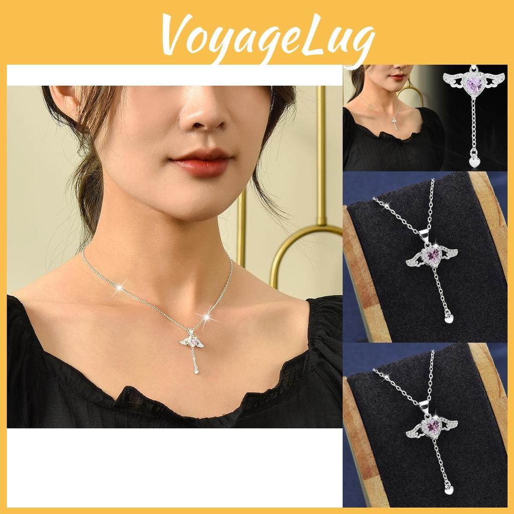 Stylish Romantic Heart Necklace With Angel Wings And Diamond Inlay For Women