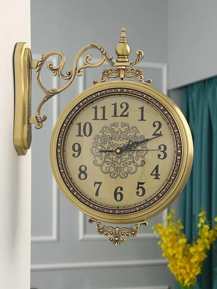 Luxury Wood Wall Clock Metal Retro Nordic American Style Gold Silent Double Sided Reloj De Pared Chic Living Room Home DecG8I0G1