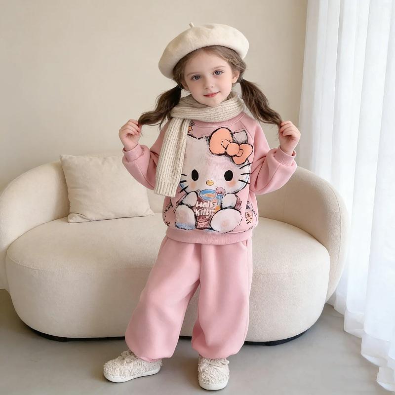 2026 Stylish Girls' Fleece-Lined Hoodie & Jogger Set - Winter Warm Cartoon Design