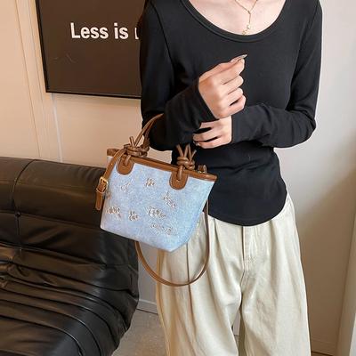 PU Handle Denim Material Fashionable Handbag Women's Handbag Single Shoulder Bag Crossbody Single Shoulder New Model