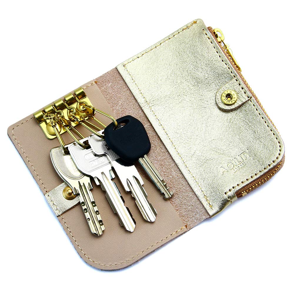 AGILITY affa "Bell" Key Case with Integrated Coin Case, Gold and Silver, Genuine Leather, Stylish