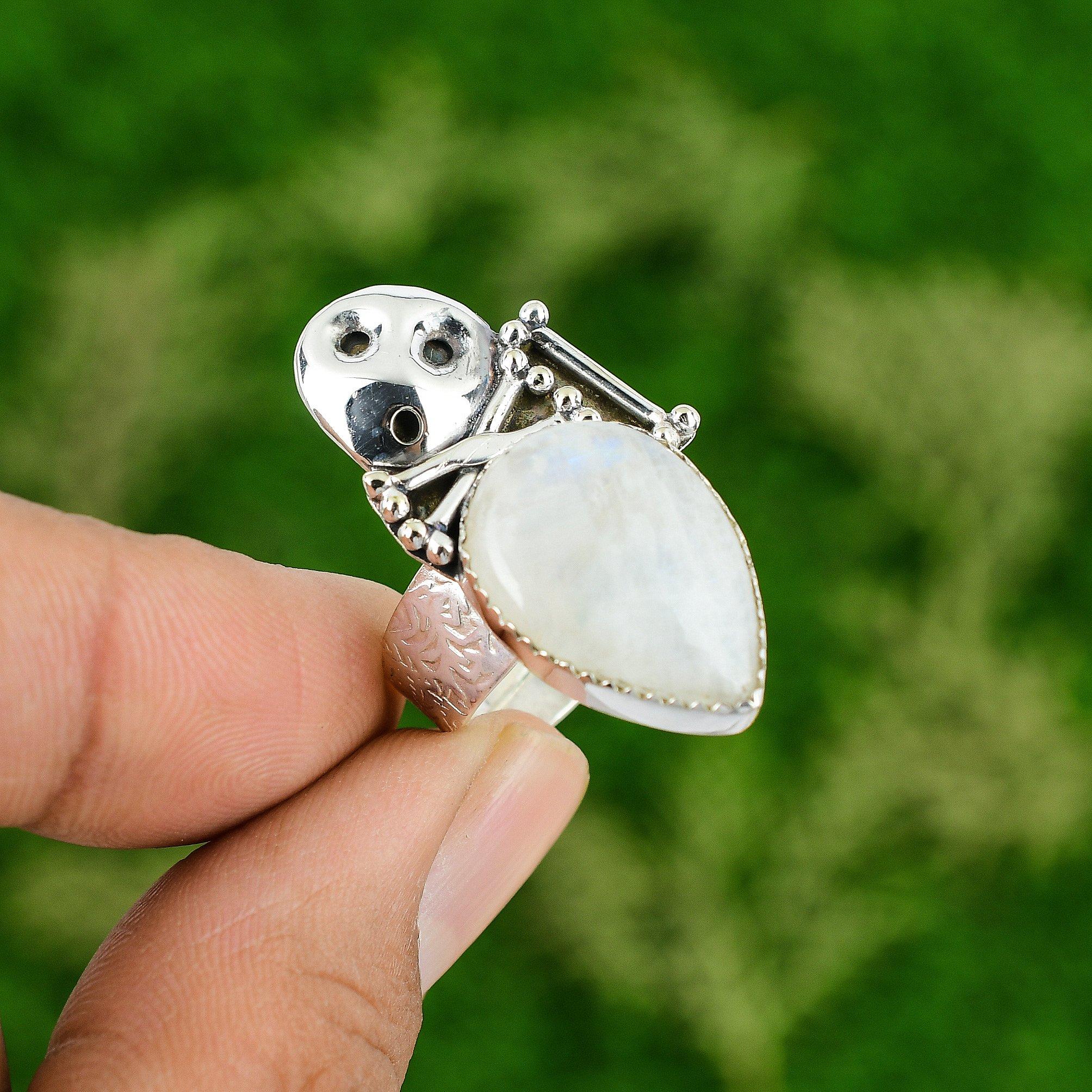 

Natural Rainbow Moonstone Stackable Skull And Bone Adjustable Ring 925 Silver Adjustable