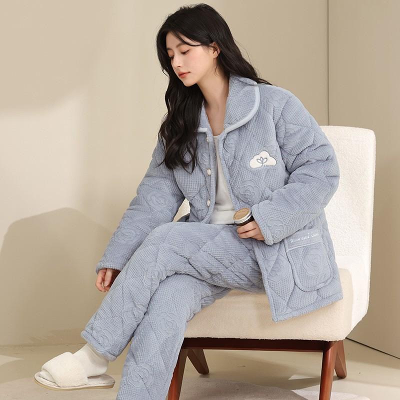 Womens Coral Fleece Quilted Pajama Set Winter Warm Flannel Loungewear