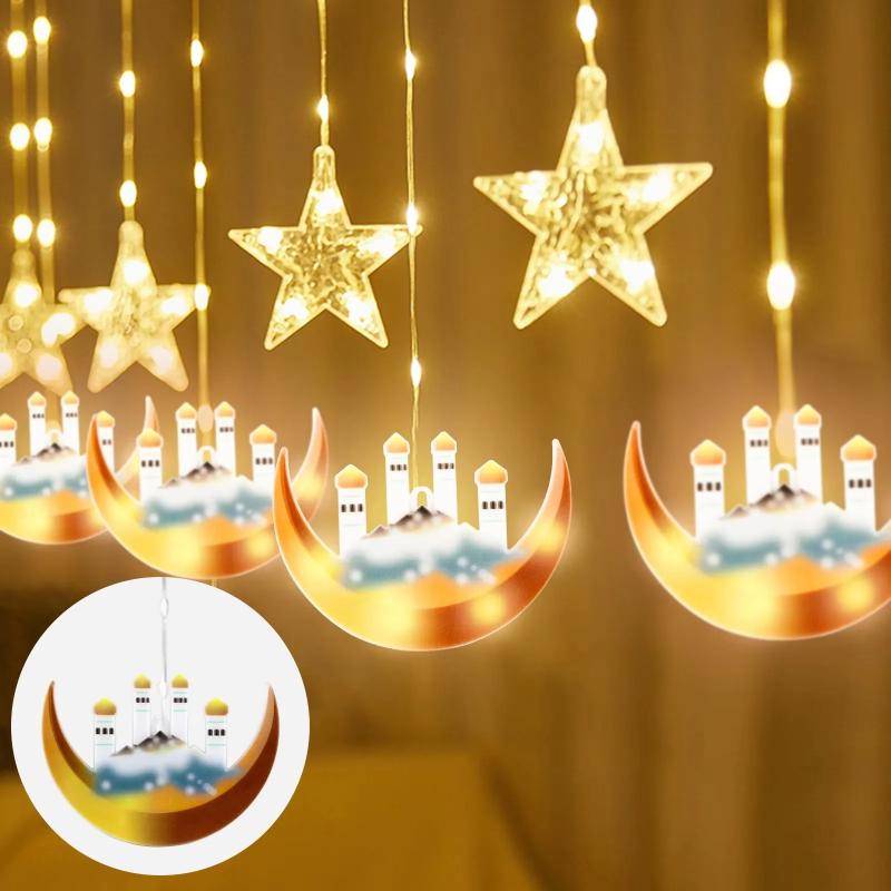 1 stk LED Stjernegardin Dekorativt Lys Måne Slott Lyslenke Fargerikt Lys Blinkende Lyslenke Full av Stjerner Romdekorasjon