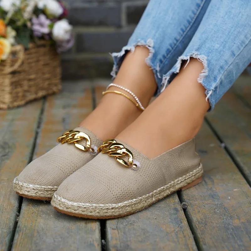 2024 Hot Fashion Spring and Autumn Solid Color Flat Heel Slip-on Women's Shoes Round Toe Shallow Mouth Slip-on Metal Decoration