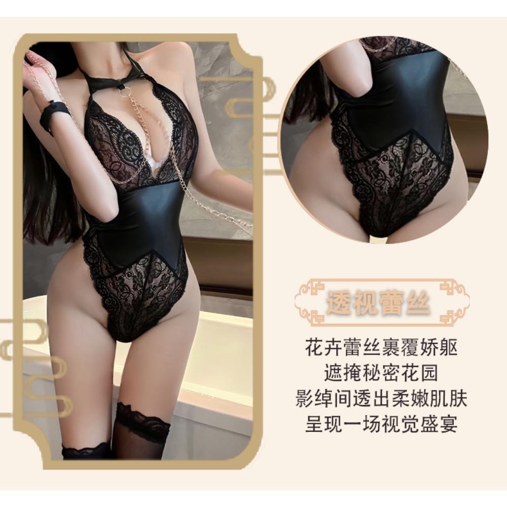 Man Desire Erotic Underwear Deep V Temptation Chain Traction Onesie Sexy Lace Thin European and American Style Perspective 9374