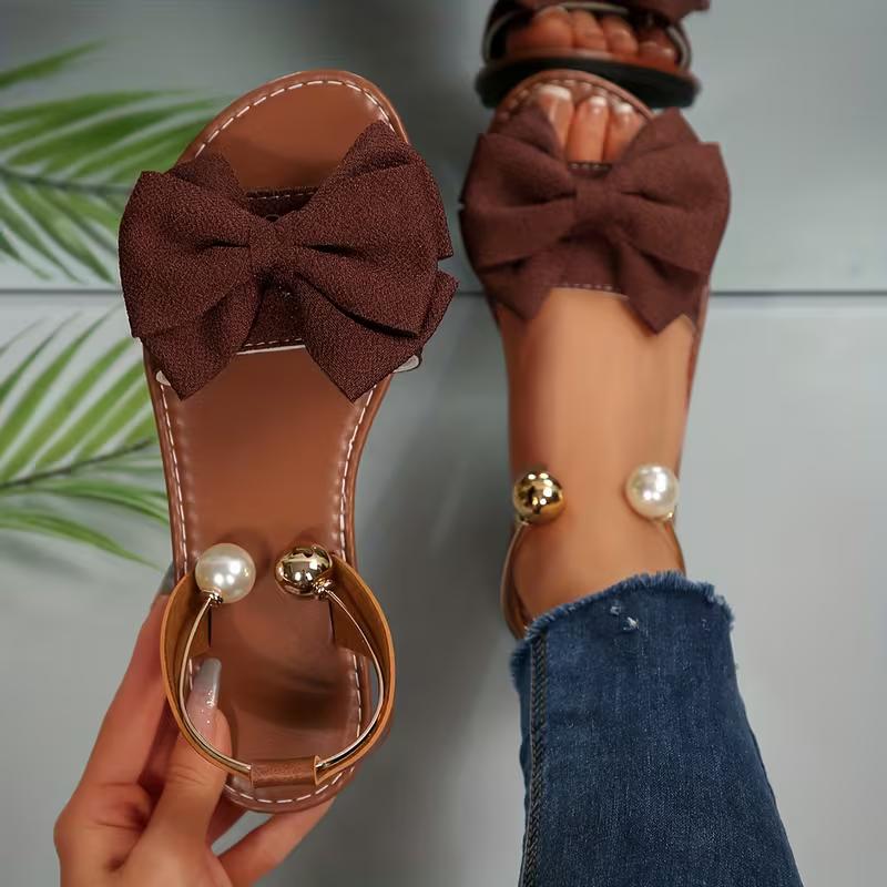 Nowy Styl Damskie Wygodne i Proste Sandały Płaskie z Odkrytymi Palcami i Okrągłym Noskiem, z Kokardką i Metalowymi Koralikami, Idealne na Lato