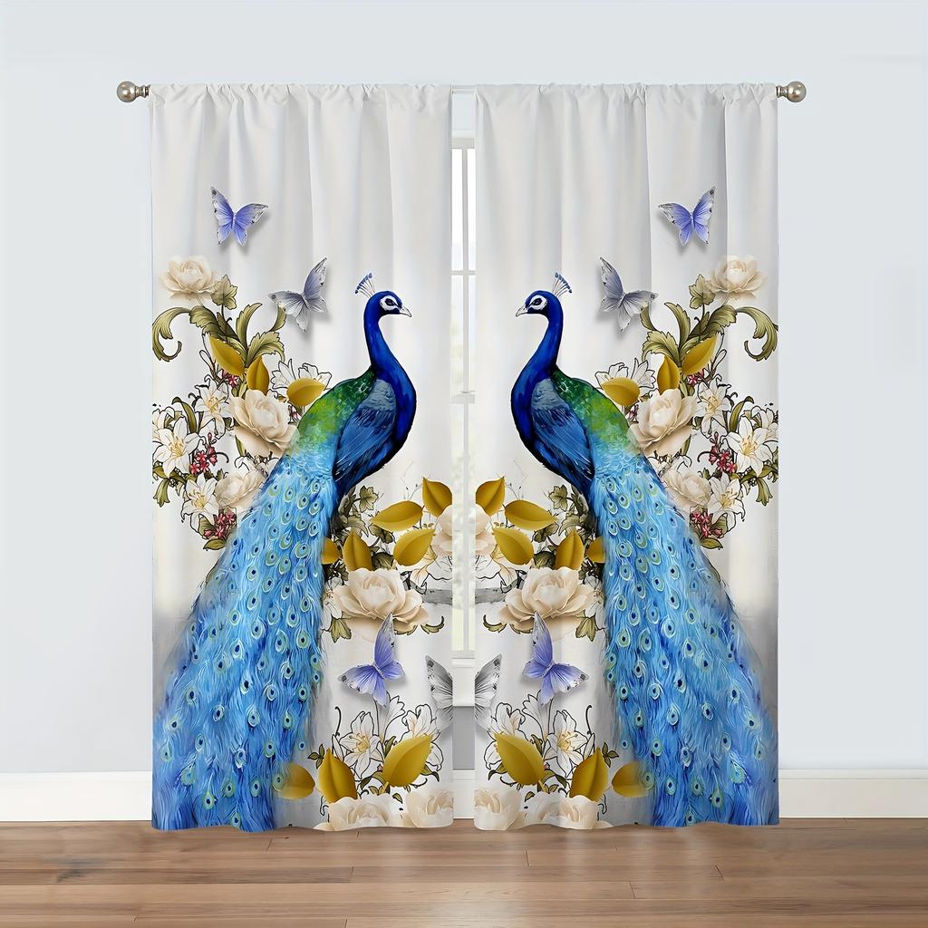 2pcs Blue Peacock Decorative Curtain Rod Pocket Curtain Versatile For All Seasons  For Bedroom Kitchen Office Study Living Room