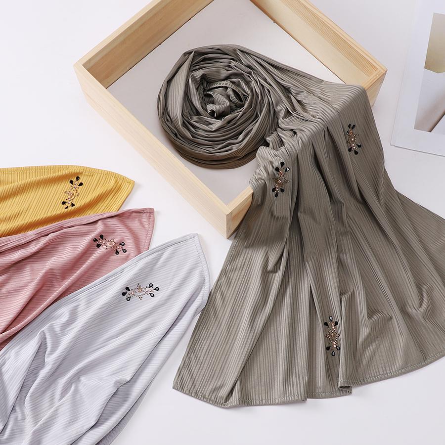 Fashion Ribbed Jersey Hijab Muslim Plain Scarf Crepe Rhinestone Hijab Soft Islamic Shawls Wraps Headband For Women