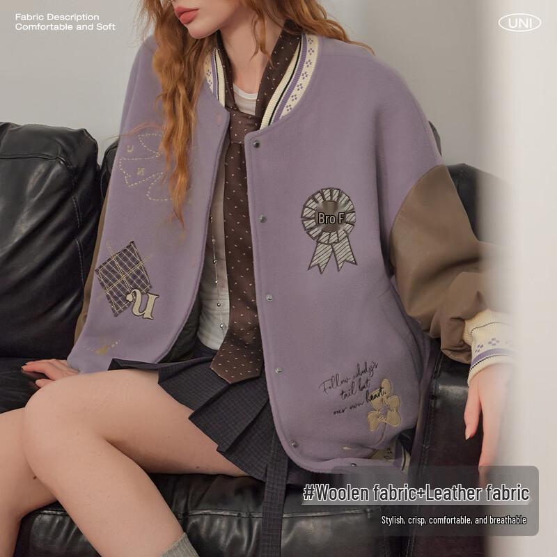 unifree American Campus Style Embroidered Wool Blend Varsity Jacket