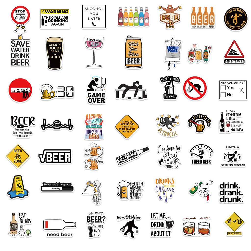 50 Cartoon Funny Beer Stickers Decorate Notebook Suitcase DIY Waterproof Stickers