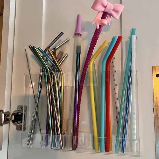 Storage Rack Transparent Acrylic Straw Holder with Drain Hole Adjustable Height Adhesive Tape Straw Organizer