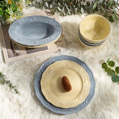 Farfurie Minimalistă Franceză cu Relief de Flori și Păsări Ins Crem Galben Veselă Set Farfurie Ceramică de Uz Casnic Bol de Orez Farfurie Adâncă Ovală