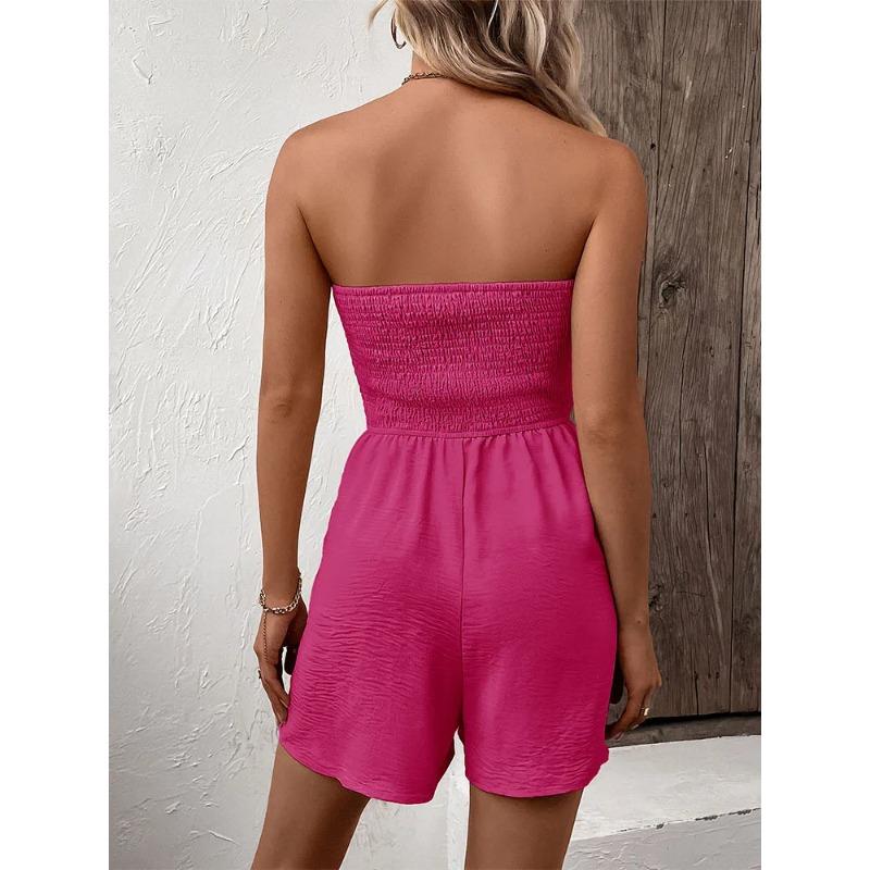 Summer Fashion Splicing Women's Solid Color Sexy Sleeveless Button Tie Waist Casual Comfortable Jumpsuit Shorts