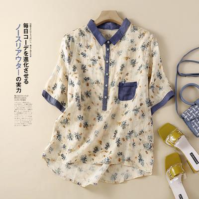 Polo Collar Short-sleeved Printed Cotton and Linen Shirt Women's 2025 Summer Literary and Retro Loose and Thin Floral Pullover