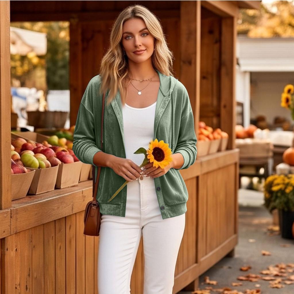 Women's Button Down Hooded Cardigan Long Sleeve Loose Fit Color Casual Top