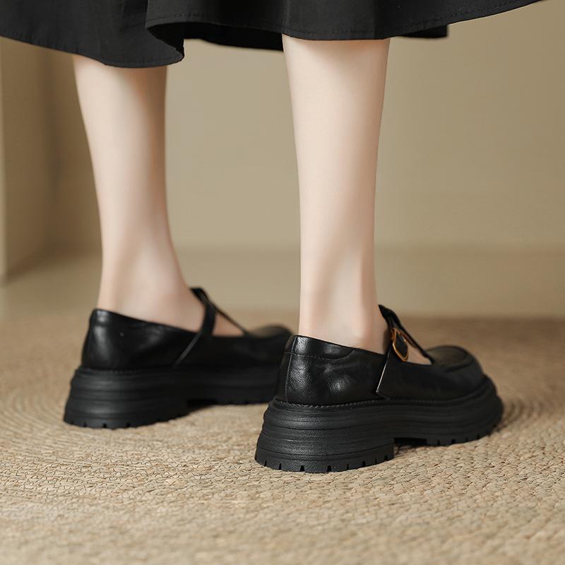 British style platform black small leather shoes women's 2025 spring and summer new round head T-buckle with light mouth thick heel loafers