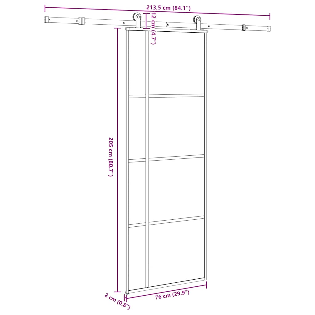 Vidaxl Sliding Door With Hardware, Esg Glass And Aluminium, 76X205 Cm