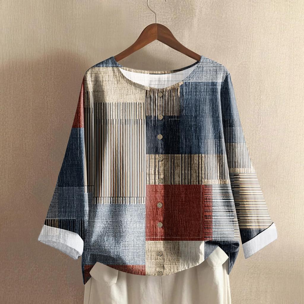 Women's Fashionable And Casual Shirt Long-sleeve Round Neck Print Cotton And Linen Blouse Top