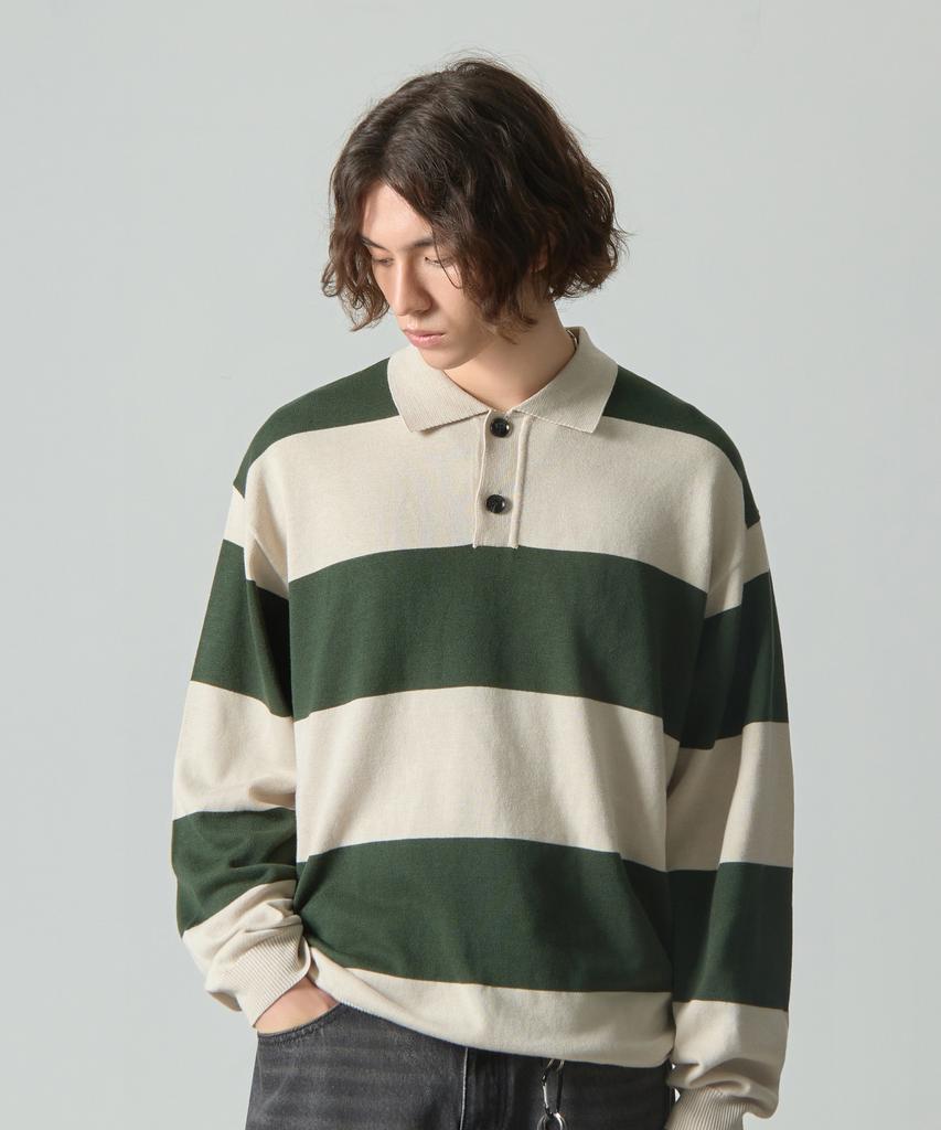 Dimiteulibeullaeg Asi Striped Rugby Long Sleeve Knit T-Shirt_Green