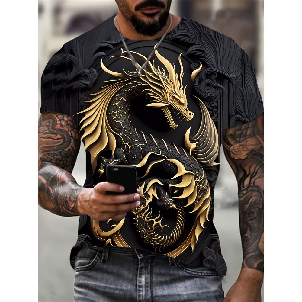 New Fashion Men's Crew Neck Short Sleeve T-Shirt with 3D Wolf and Dragon Print, Men's Casual Sports Streetwear Top