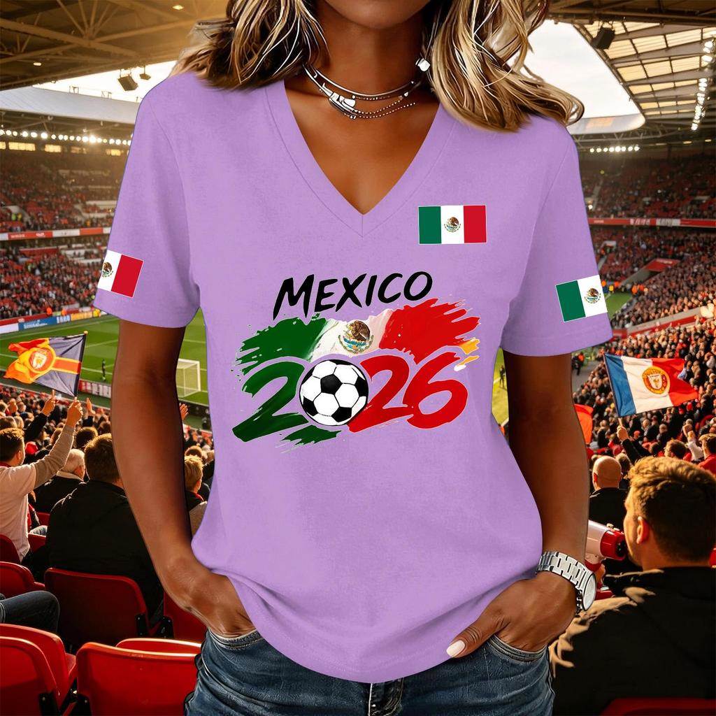 Women's Casual Short Sleeve V Neck Pullover Top Soccer Graphic Print National Flag Support Shirt for Outdoor Activities and Sports