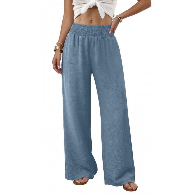 2026 Womens High-Waisted Wide-Leg Trousers Leopard Print Solid Color Casual Pants With Pockets Lightweight Stretchy