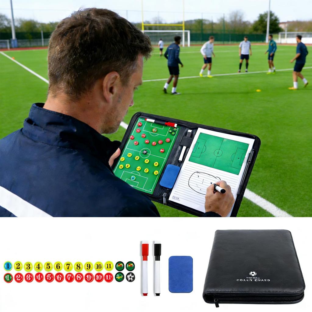 Pure Vie Soccer Tactics Board with Zipper Case, Portable, 26 Magnetic Pieces (2 Colors), Foldable, Half/Full Size, 30 Sheets of Memo Paper, Waterproof