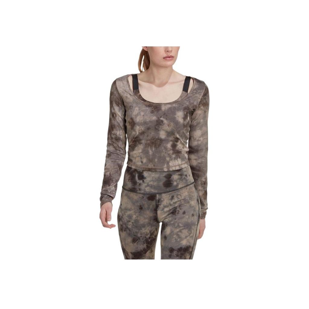 Adidas Tie-Dye Logo Print Cropped Long Sleeve T-Shirt Women Tops Brown HN9499