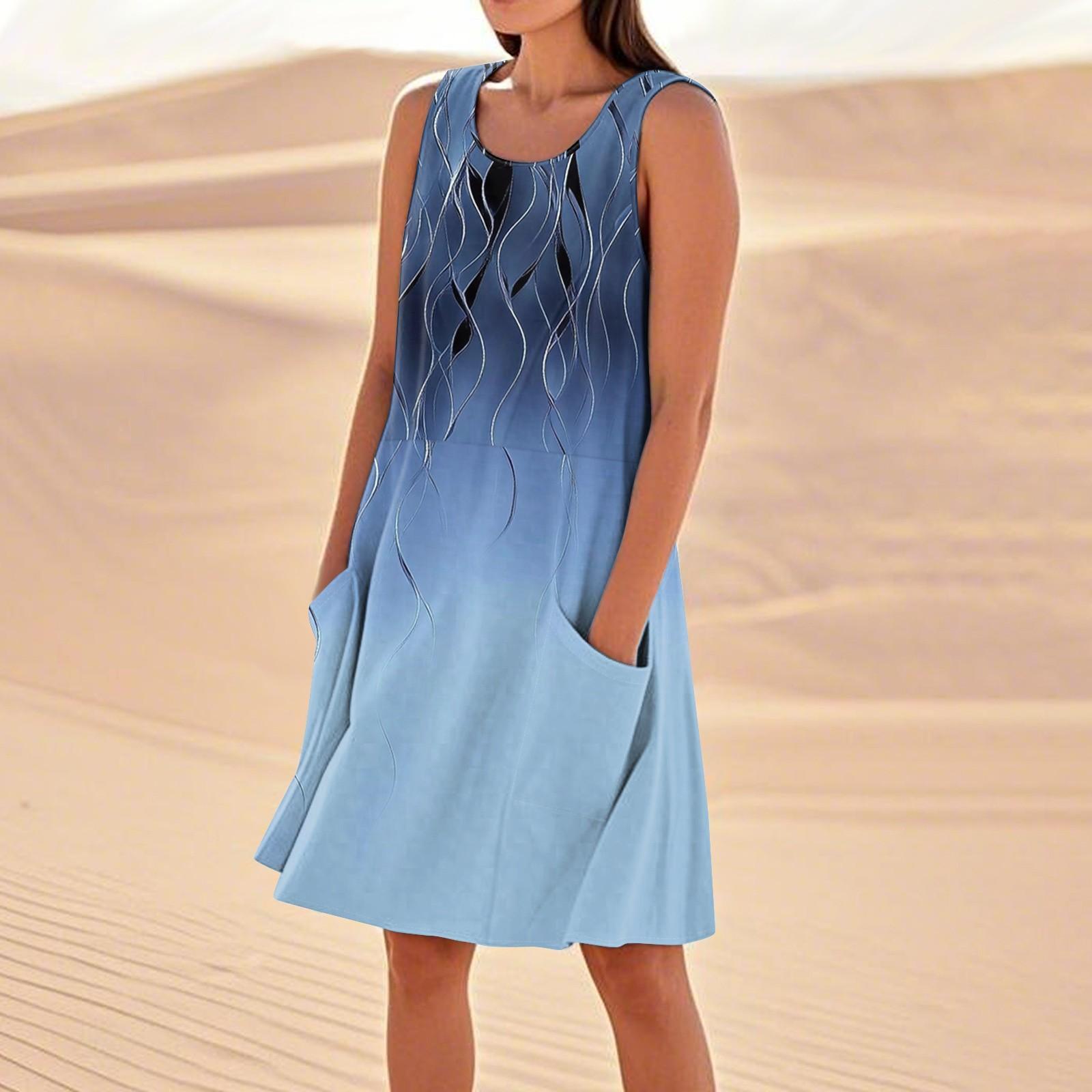 

Платья с принтом для женщин, свободные, пляжные, повседневные, без рукавов, сарафаны с карманами, платье-майка L