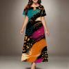 Women Plus Size Round Neck Keyhole Cutout Short Sleeve Leaves Printed Maxi Dress