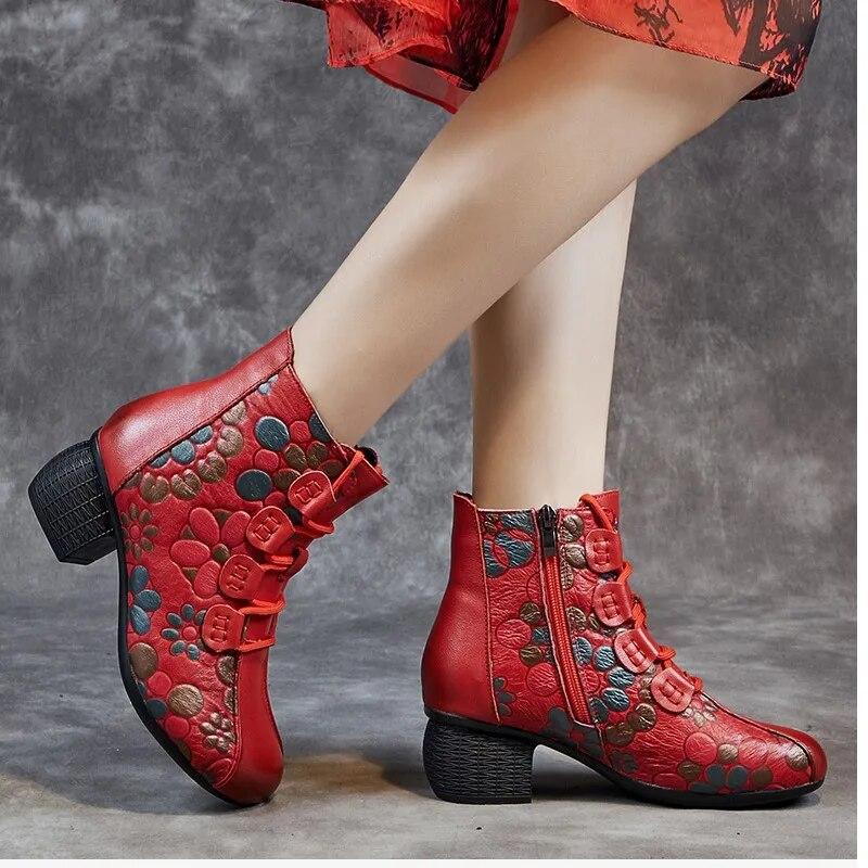 Johnature morbidi stivali corti caldi stampa retrò in vera pelle tacchi spessi e suole morbide scarpe da donna