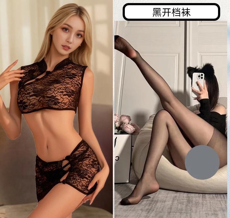 Sexy Underwear Women's Sexy Classical Cheongsam Stand-up Collar Retro Disc Buckle Split Temptation Teasing Lace Perspective Style