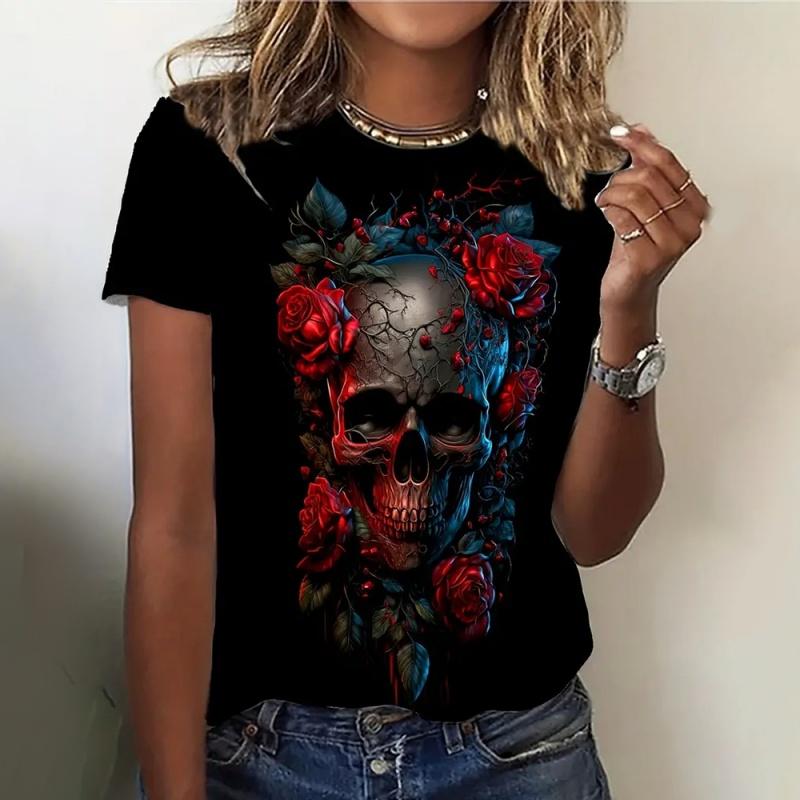 Skeleton Flower Pattern T-Shirt Women 3D Printed Short Sleeves Summer Loose O-Neck Casual Comfortable Fashionable T-shirt