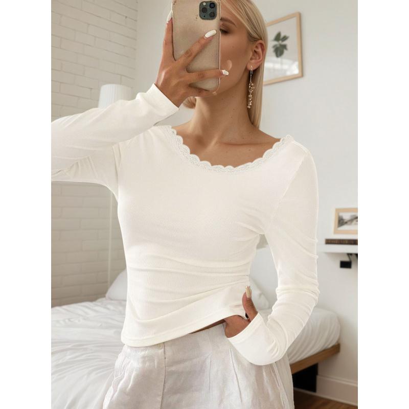Popular Lace Patchwork Ribbed Sexy Sweet And Spicy Backless Slim-Fit Long-Sleeve Top S бежевый