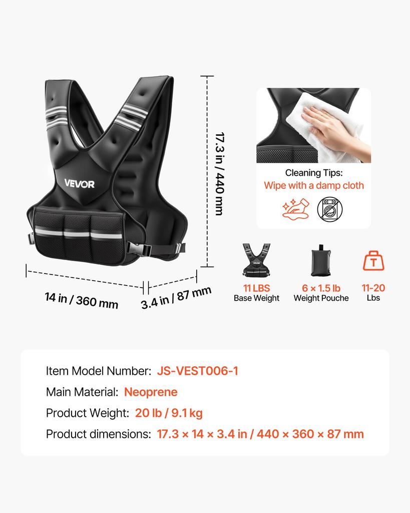 VEVOR Adjustable Weighted Vest, 11-20lb Weight Vest with 6 Ironsand Weights and Reflective Stripe, Body Weight Vest Exercise Set for Men Women