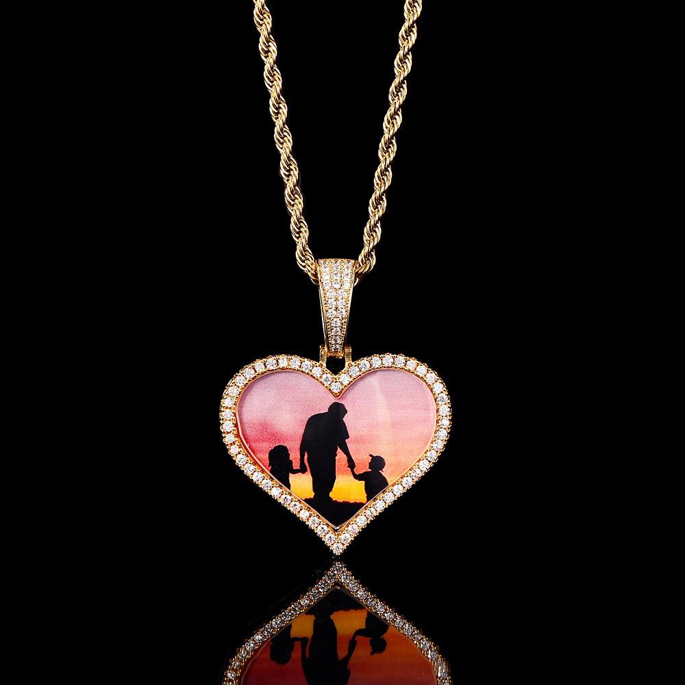 Personalized Men s Heart Pendant: European & American Hip Hop Necklace with Zircon-Embellished Photo Frame