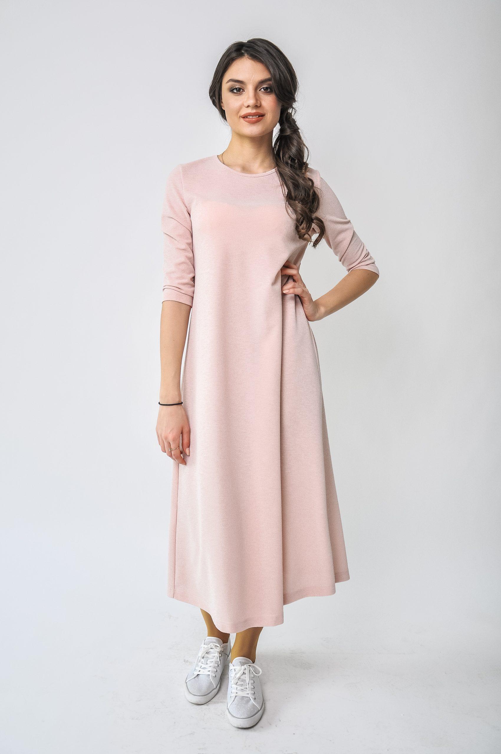 

Елегантна жіноча сукня рукав ¾ і круглий виріз 40 світло-рожевий колір