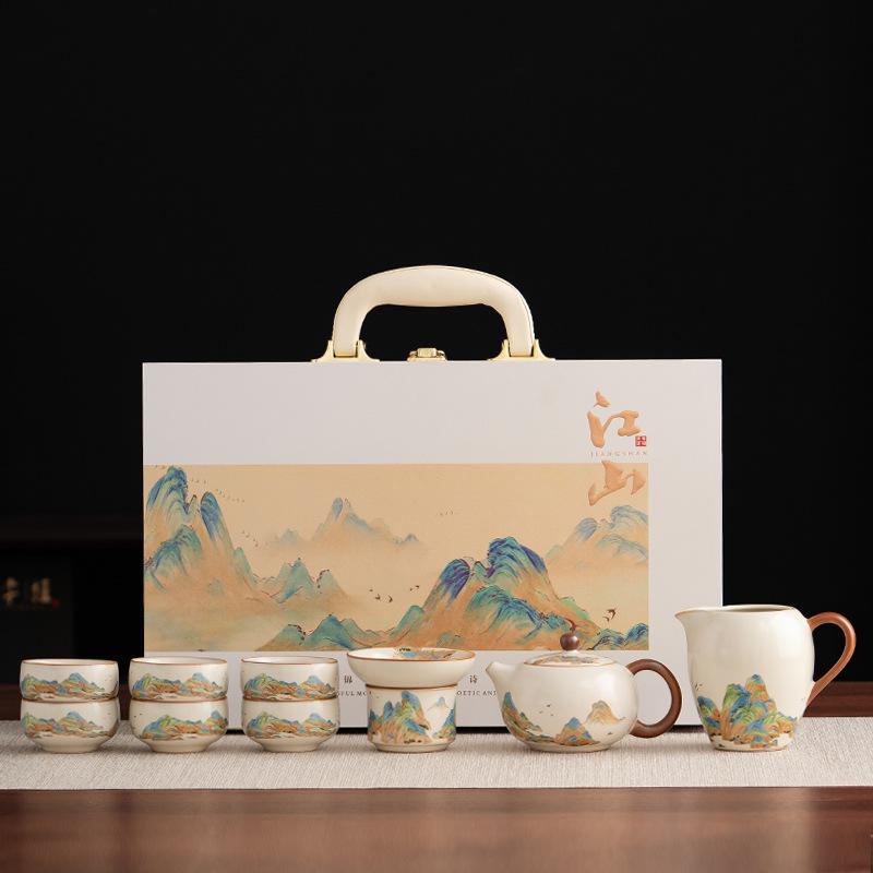 Ru Kiln Light Luxury Tea Set: 'A Thousand Li of Rivers and Mountains' - Complete Teapot and Teacups Gift Box for Elders