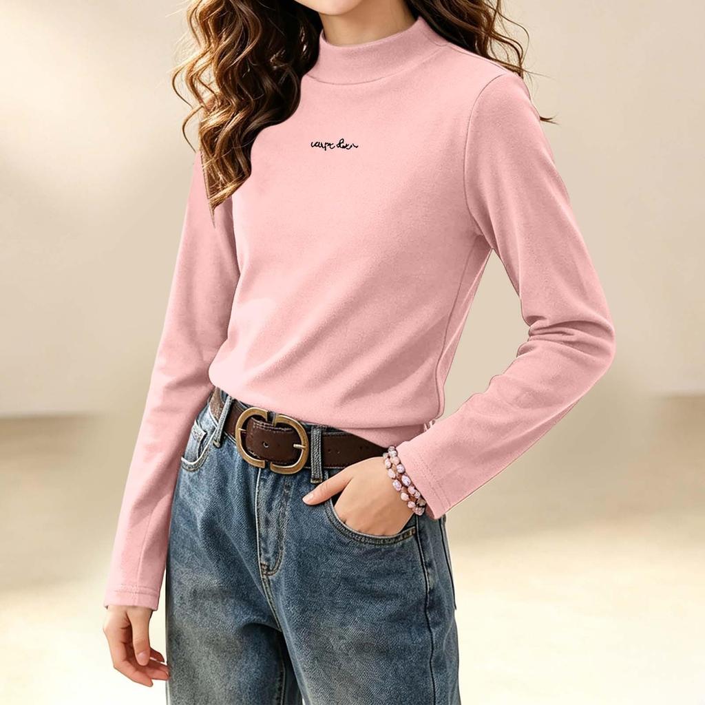Girls Lined Mock Neck Long Sleeve Base Layer Top for Winter