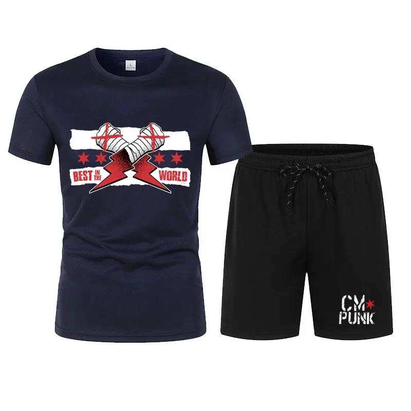 Herren Schwarz Return of CM Punk T-Shirt Shorts Set Sommer Kurzarm Mann Übergroße Anzüge 2024 Neue Mode Bekleidungssets