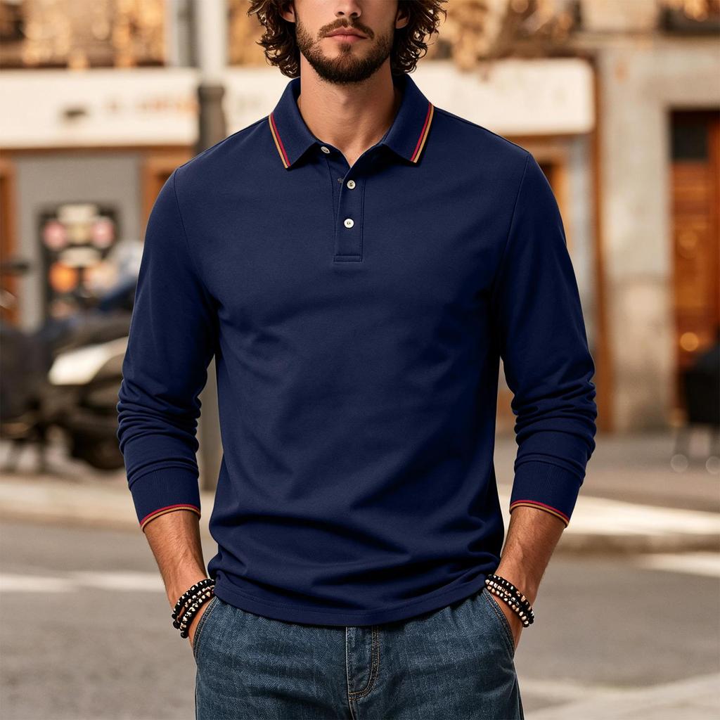 Men's Long Sleeve Polo Shirt Classic Solid Color Button Down Collar Slim Fit Casual Top for Everyday Wear Comfortable Fabric