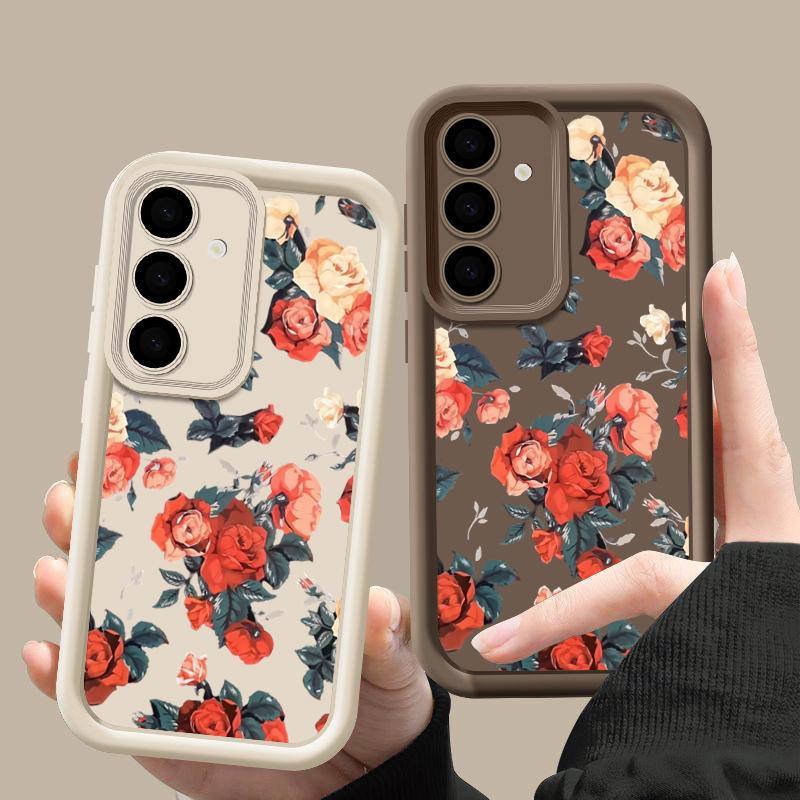 Stoßfeste Hülle mit Vintage-Rose-Blumendruck für Samsung S24 FE S23 Ultra S22 A16 A55 A15 A35 A54 A25 A34 A14, weiche matte TPU-Linsenschutz-Telefonabdeckung